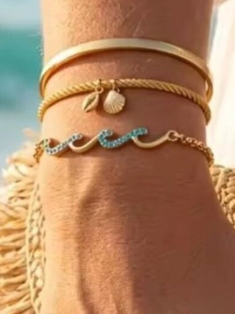 Wave Bracelet Waterproof Gold Wave Bracelet Blue CZ Ocean Jewelry Adjustable
